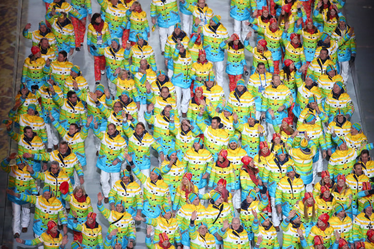 The Germany Olympic team enters Fisht Olympic Stadium stadium during the Opening Ceremony of the Sochi 2014 Winter Olympics on Feb. 7.
