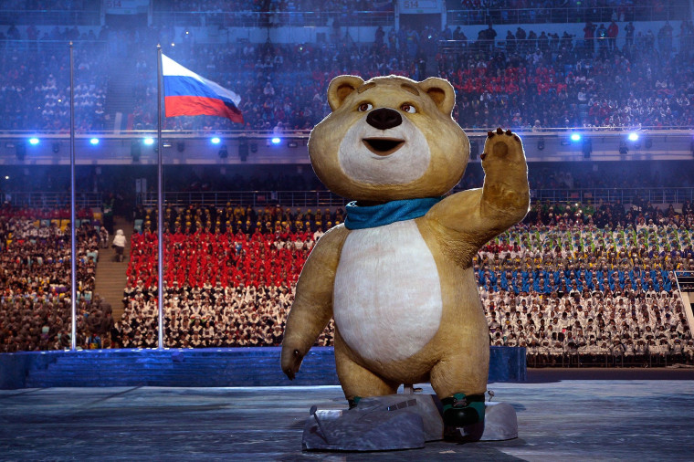 An Olympic mascot waves during the Opening Ceremony of the Sochi 2014 Winter Olympics at Fisht Olympic Stadium on Feb. 7 in Sochi, Russia.