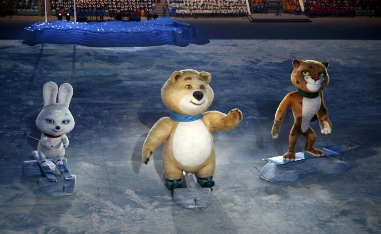 Image: Mascots of the 2014 Sochi Winter Olympics, a hare, a bear and a leopard, take part in the opening ceremony of the 2014 Sochi Winter Olympics