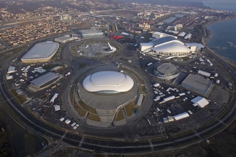 Image: An aerial view from a helicopter shows the Olympic Park under construction in the Adler district of the Black Sea resort city of Sochi