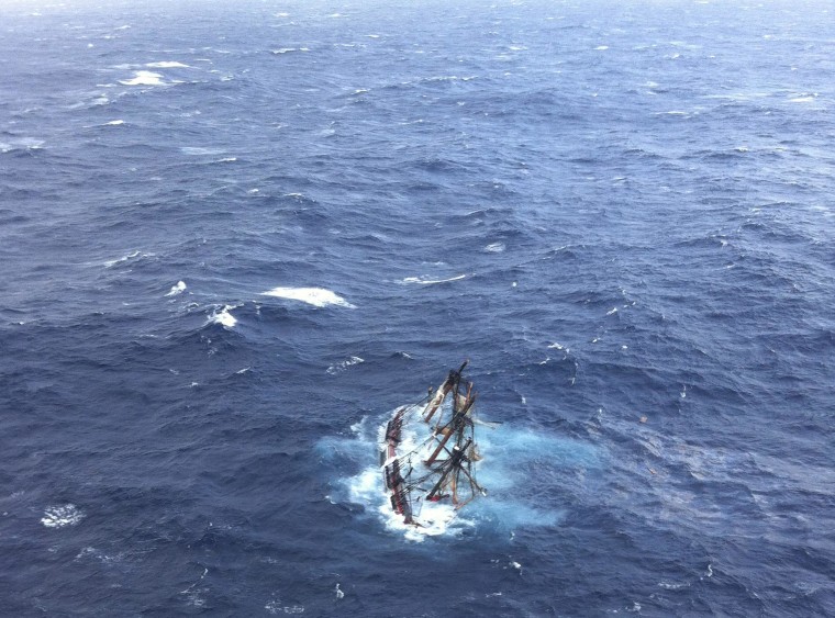 Image: The HMS Bounty is shown submerged in the Atlantic Ocean during Hurricane Sandy southeast of Hatteras