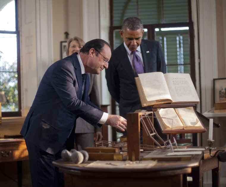 Image: Barack Obama, Francois Hollande, Leslie Bowman