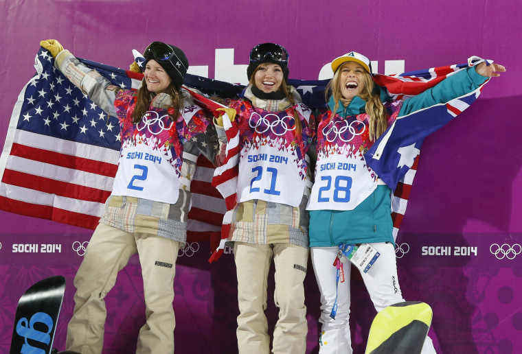 From left, bronze medalist United States' Kelly Clark, gold medalist United States' Kaitlyn Farrington and silver medalist Australia's Torah Bright pose following the women's snowboard halfpipe final at the Rosa Khutor Extreme Park.