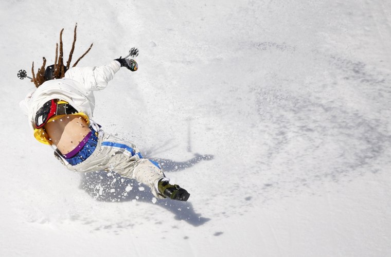 Image: Sweden's Henrik Harlaut crashes during men's freestyle skiing slopestyle qualification round at 2014 Sochi Winter Olympic Games in Rosa Khutor