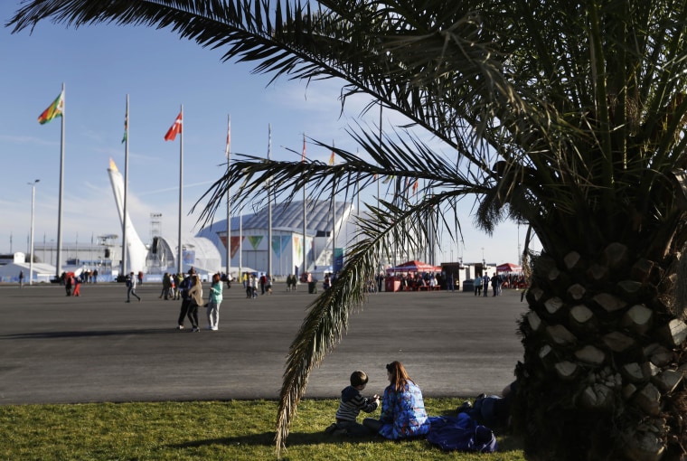 Visitors to the Olympic Park sit under a palm tree as the Olympic cauldron stands in the background at the 2014 Winter Olympics, Wednesday, Feb. 12, 2014, in Sochi, Russia. Temperatures are predicted near 60 degrees Fahrenheit in Sochi on Wednesday. (AP Photo/David Goldman)