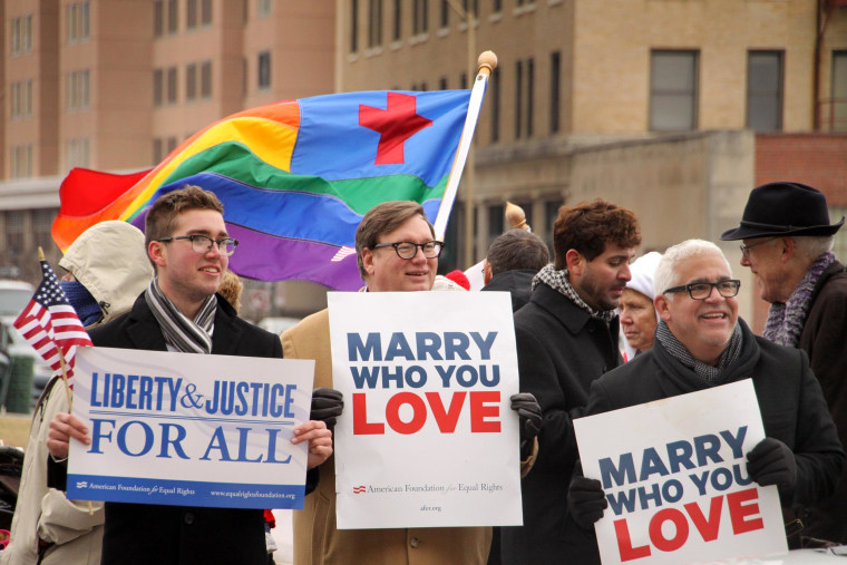 Image: People demonstrate for same-sex marriage outside a federal courthouse in Norfolk, Va.