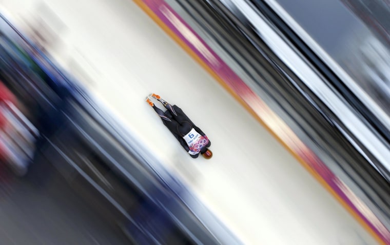 John Daly of the U.S. speeds down the track during the men's skeleton event at the 2014 Sochi Winter Olympics on Feb. 14.