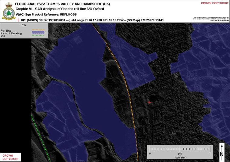 RAF Sentinel electro optical imagery showing floods surrounding a railway line in Oxford.