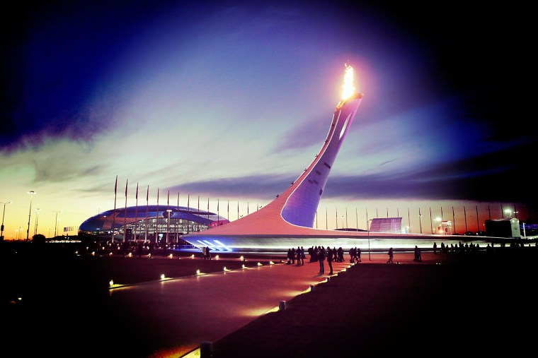 Image: A view of the Olympic Cauldron at sunset in the Olympic Park on Feb. 12 in Sochi, Russia. Editor's note: This image was processed using digital filters)