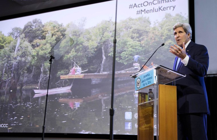 Image: U.S. Secretary of State Kerry during a speech on climate change in Jakarta