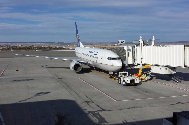 A United plane at the Billings Loan International Airport in Montana after it made an emergency landing.
