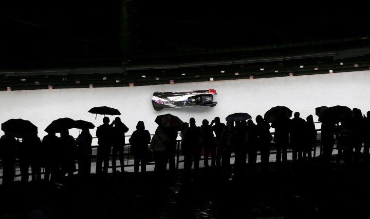 Image: Pilot Elana Myers and Lauryn Williams of the U.S. speed down the track during the women's bobsleigh event at the 2014 Sochi Winter Olympics
