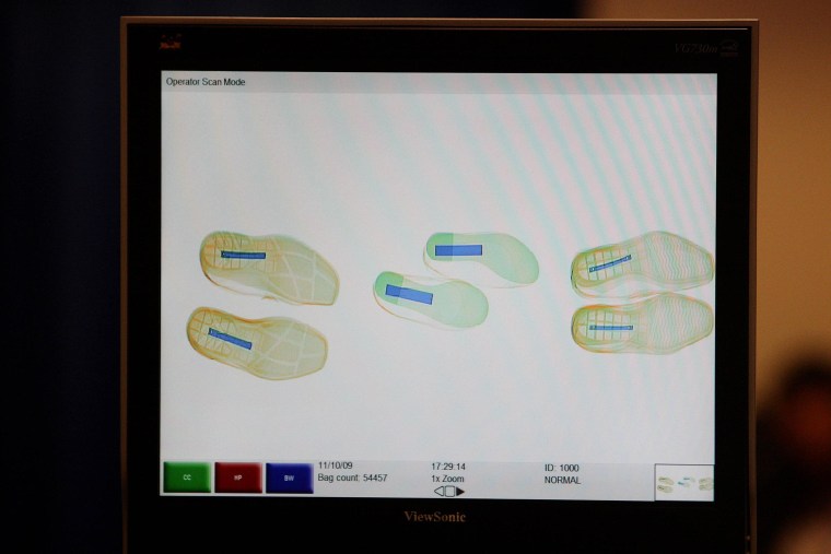Image: Manchester Airport security staff scan shoes in 2009.