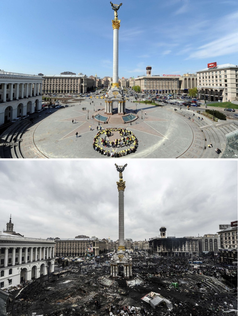 These two pictures show Independence Square in Kiev on April 22, 2009 during a social movement called "Smile Ukraine! Smile overcomes a crisis!," organized by students, top, and the same square on Thursday, three months after a political crisis erupted into protests that have left dozens killed.