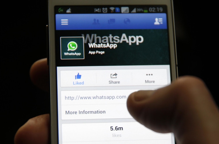 Image: A Whatsapp App page is seen on Facebook on a Samsung Galaxy S4 phone in the central Bosnian town of Zenica