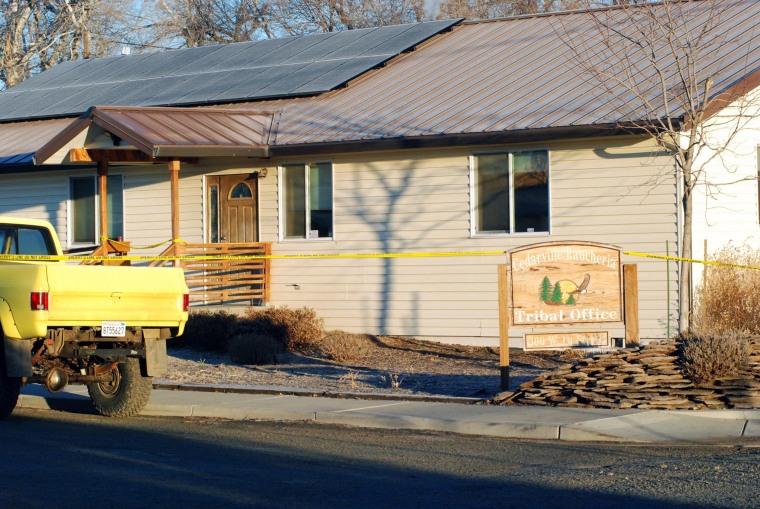 Image: Crime scene tape surrounds the tribal headquarters of the Cedarville Rancheria