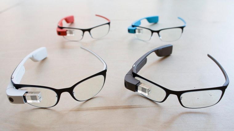 Image: The new Google Glass prescription frames rest on a table at the Google Glass Basecamp space at Chelsea Market
