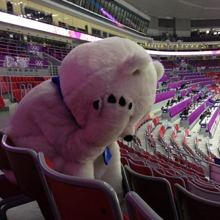 The Sochi Games bear mascot is inconsolable after Russia's loss to Finland in men's hockey.