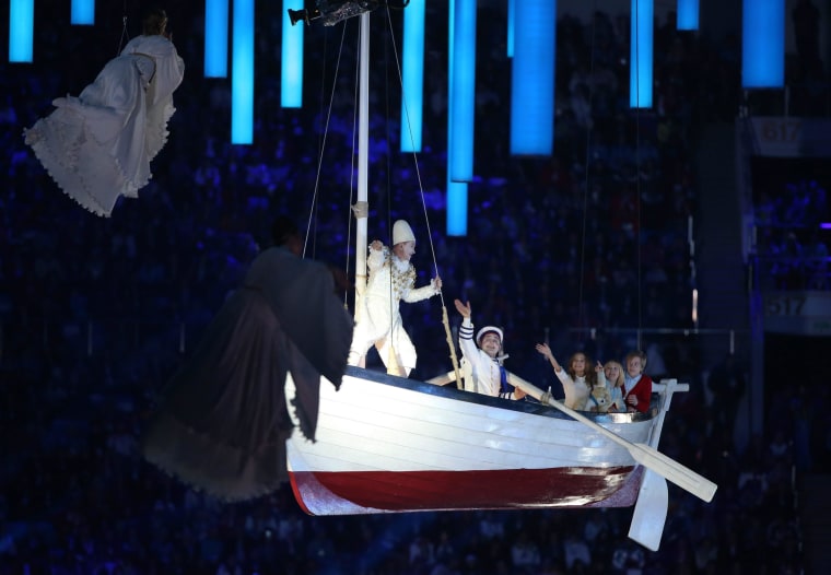 A rowing boat enters the stadium during the Closing Ceremony of the Sochi 2014 Olympic Games at the Fisht Olympic Stadium, Sochi, Russia, Feb. 23, 2014.  