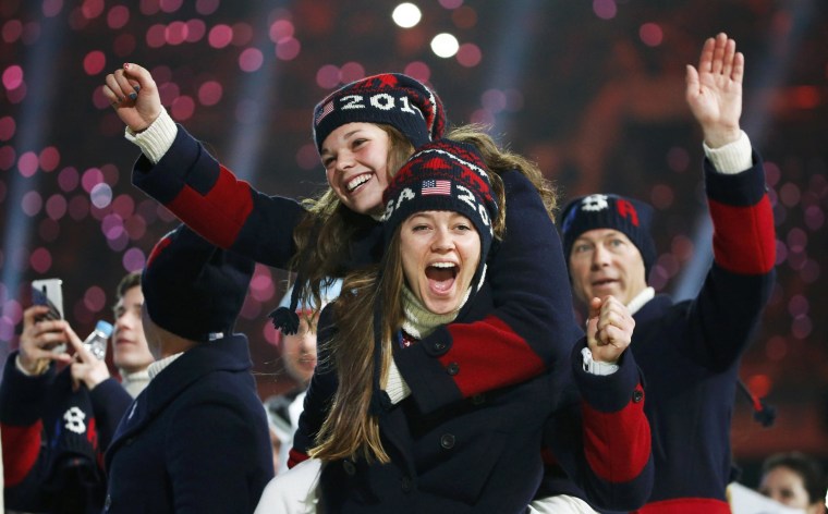 Image: Members of the U.S. team celebrate during the closing ceremony for the Sochi 2014 Winter Olympics