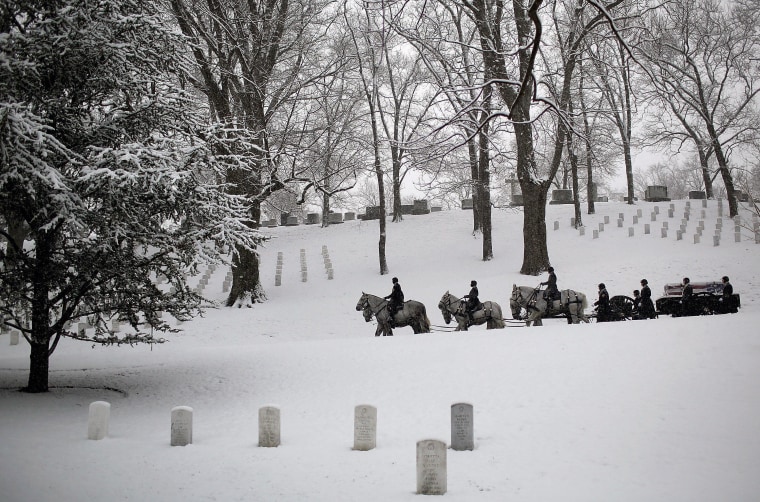 ARLINGTON, VA - FEBRUARY 25:  A burial team leads a horse drawn caisson through a snow covered Arlington National Cemetery on February 25, 2014 in Arlington, Virginia. The Washington DC area received about an inch of snow this morning, adding to an already significant total for the winter.  (Photo by Win McNamee/Getty Images)