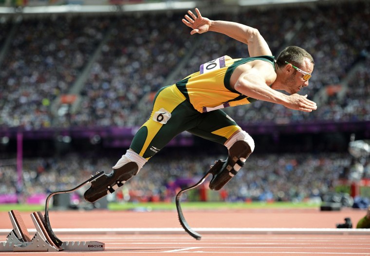 Image: South Africa's Oscar Pistorius starting his men's 400m round 1 heats at the London 2012 Olympic Games at the Olympic Stadium