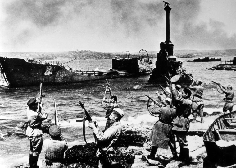 Soviet soldiers in Sevastopol celebrate their victory