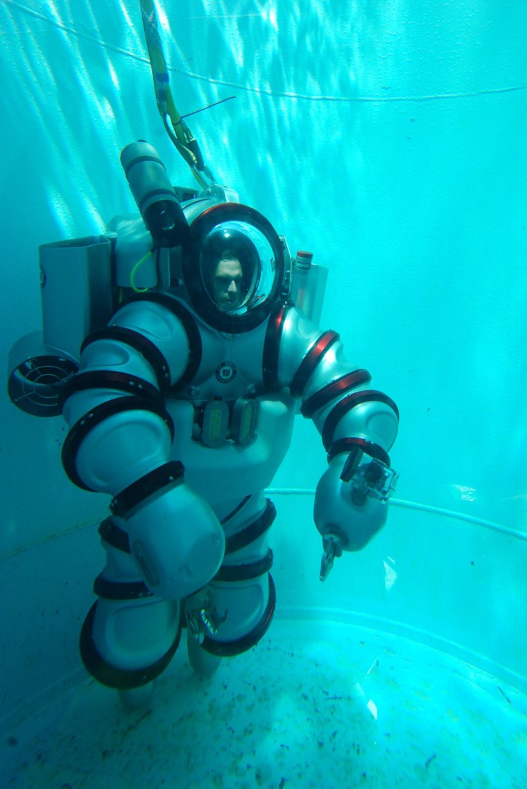 Michael Lombardi, the dive safety officer for the American Museum of Natural History and the project coordinator of the upcoming Stephen J. Barlow Bluewater Expedition, trains in the Exosuit.