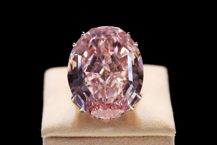The Pink Star Diamond weighing 59.6 carat is displayed at Sotheby's. The auction house now owns the diamond after the buyer defaulted on his winning $83 million bid.