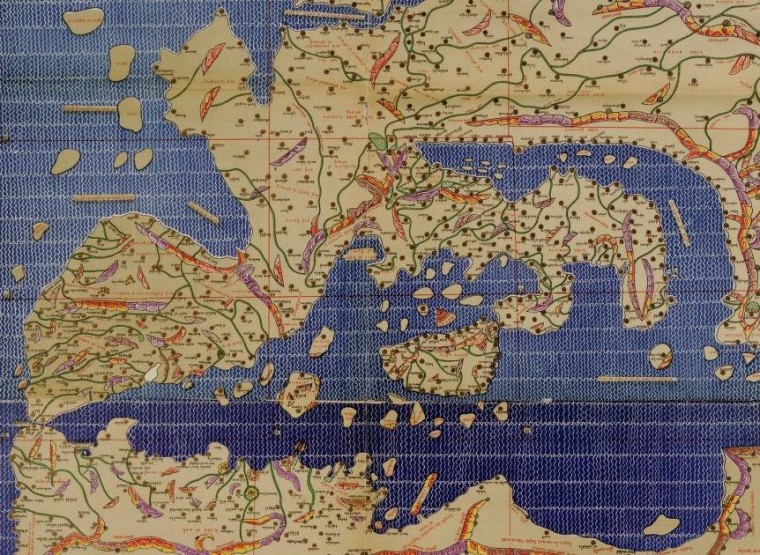 The Tabula Rogeriana, a map dating from roughly the same period (12th c. AD) as the candelabra (10th). This portion is cropped and rotated from the original, which was orientated with south at the top.