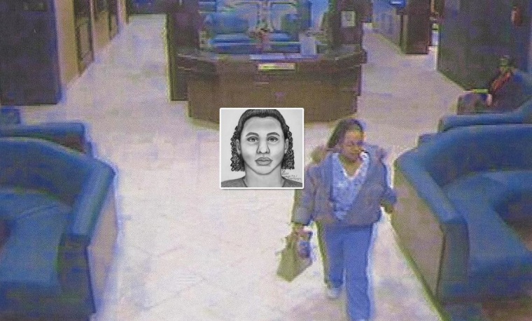 Video still from a security camera of Rayshaun Parsons after she disguised herself as a hospital worker in Lubbock, Texas, and kidnapped a baby from the maternity ward in 2007.