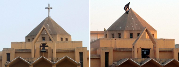 Image: A combo made up of file pictures shows the cross on top of Armenian Catholic Church of the Martyrs in the northern rebel-held Syrian city of Raqqa