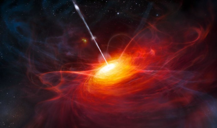 This artist’s impression shows ULAS J1120+0641, a very distant quasar powered by a black hole with a mass 2 billion times that of the sun.