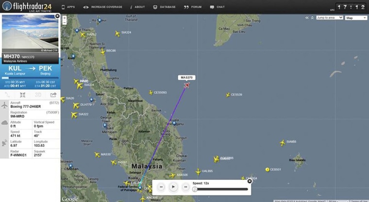 Image: Screengrab from flightradar24.com showing the last reported position of Malaysian Airlines flight MH370,
