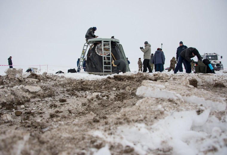 Image: The Soyuz TMA-10M capsule is seen shortly after it landed with former ISS commander Kotov and flight engineers Ryazansky and Hopkins from NASA onboard in a remote area southeast of Zhezkazgan