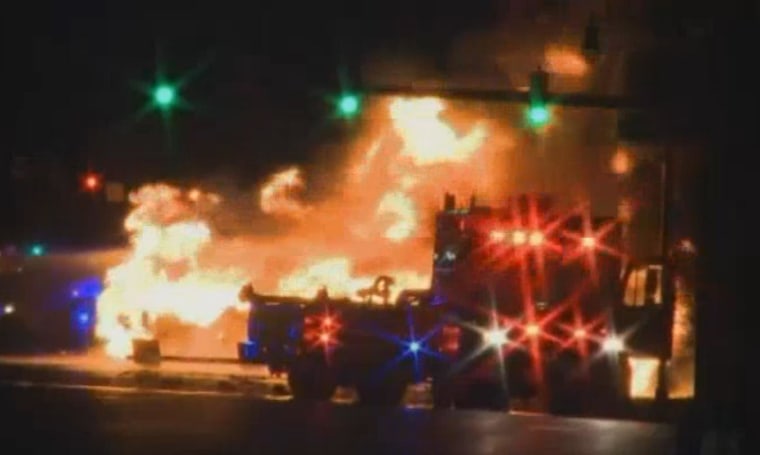 An 8,500-gallon tanker truck hauling gasoline crashed and burst into flames on a New Jersey highway Thursday morning.