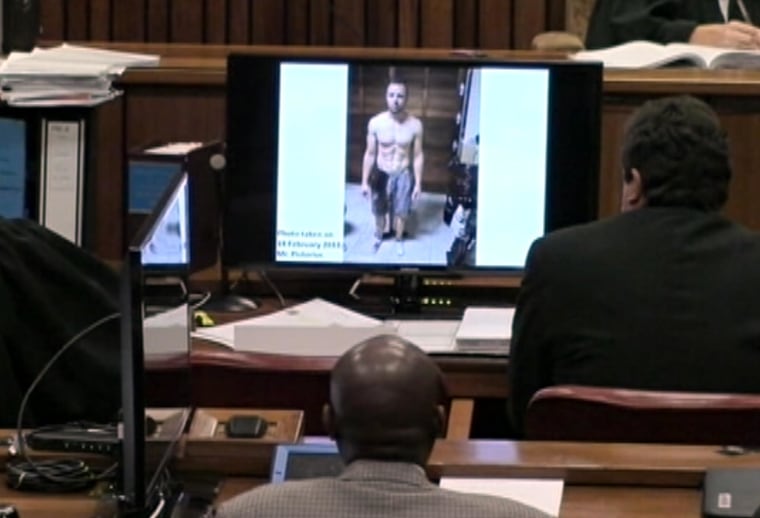 Shown is a crime scene photo presented during the murder trial of