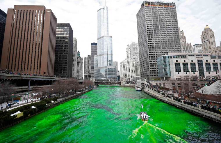 Image: The Chicago River is dyed green during St. Patrick's Day celebrations in Chicago