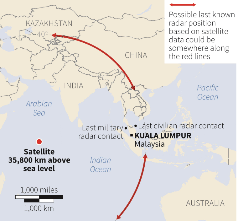 Image: Possible last known position of missing plane based on satellite data.