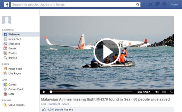 Image: Fake Facebook page about Malaysia Airlines Flight MH370