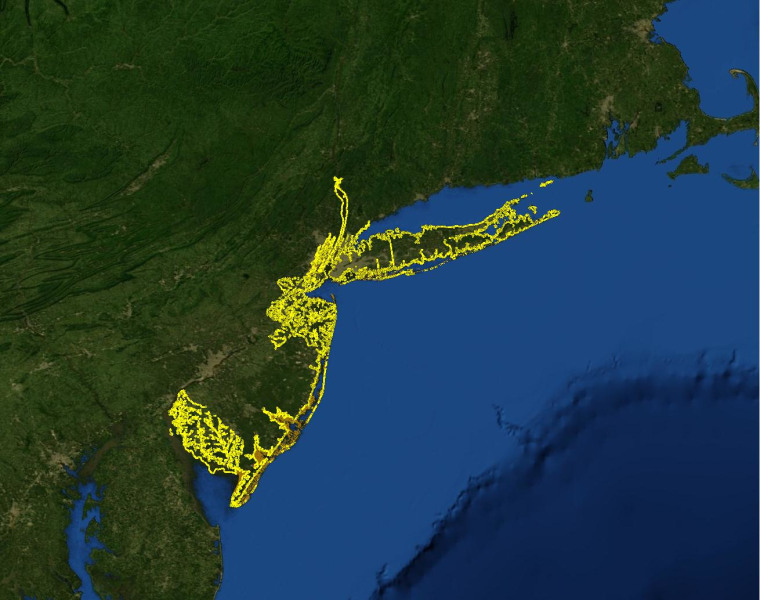 Image: A map of future sea level rise and recent special flood hazard areas for New York City.