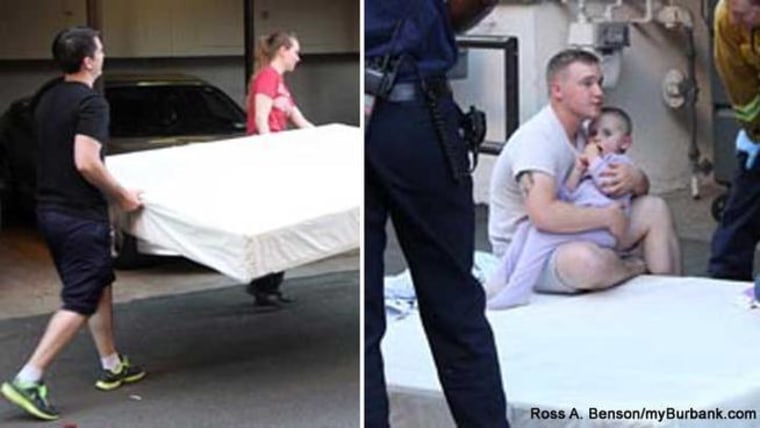 A 3-year-old boy was saved by a neighbor and his box spring after falling from a third-floor window on Sunday, March 16, 2014.