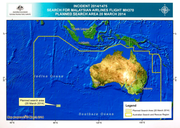 Image: A diagram showing the search area for Malaysia Airlines Flight MH370 in the southern Indian Ocean is seen during a briefing at AMSA in Canberra