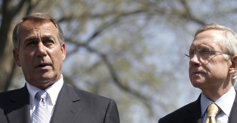 House Speaker John Boehner of Ohio, left, accompanied by Senate Majority Leader Harry Reid of Nev., speaks to reporters outside the White House in Washington, Thursday, April 7, 2011, after their meeting with President Obama regarding the budget and possible government shutdown. (AP Photo/Pablo Martinez Monsivais)