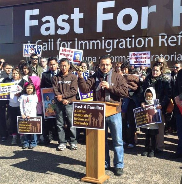 Rudy Lopez, political director of the Center for Community Change, in a Fast for Families rally during the group's bus tour on March 12, 2014.