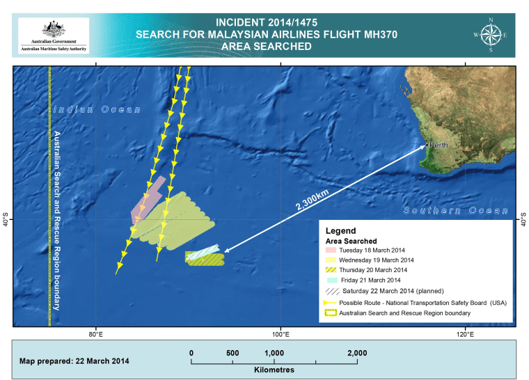 Image: A chart detailing the search area for Malaysian Airlines flight MH370 on March 21