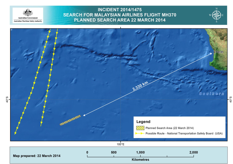 Image: A chart detailing the search area for Malaysian Airlines flight MH370 on March 21