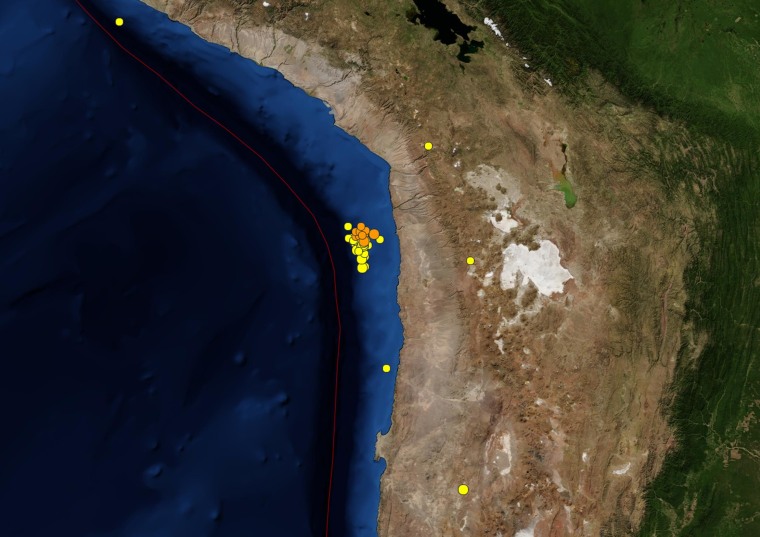 Image: A screenshot of a USGS map showing earthquakes off the northern coast of Chile in the past seven days.