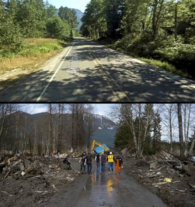IMAGE: Before and after comparison of area devatastated by mudslide