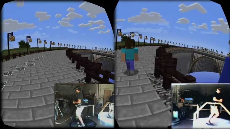 A version of Minecraft was made to run on an earlier version of Oculus' device and combined with Virtuix's "virtual reality treadmill."